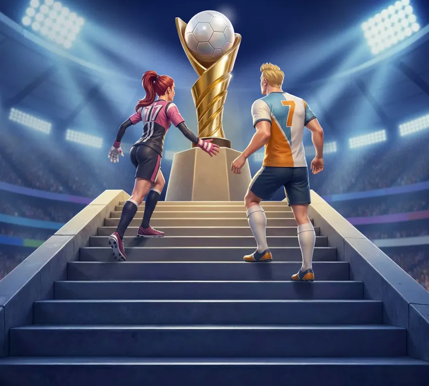 Turnier-Aktionsbild: zwei Spieler steigen im Stadion die Treppe zu einem Pokal hinauf