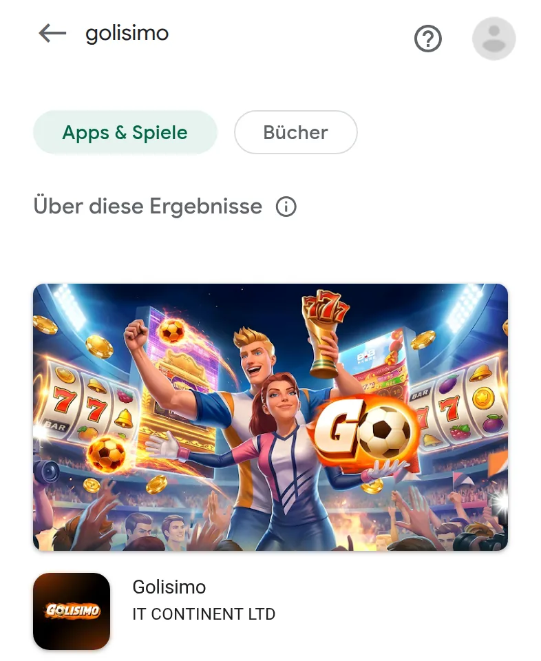 Deutsche Google-Play-Suche nach golisimo: erster Treffer die App Golisimo von IT CONTINENT LTD, darunter Wizard of Oz Slots von Zynga